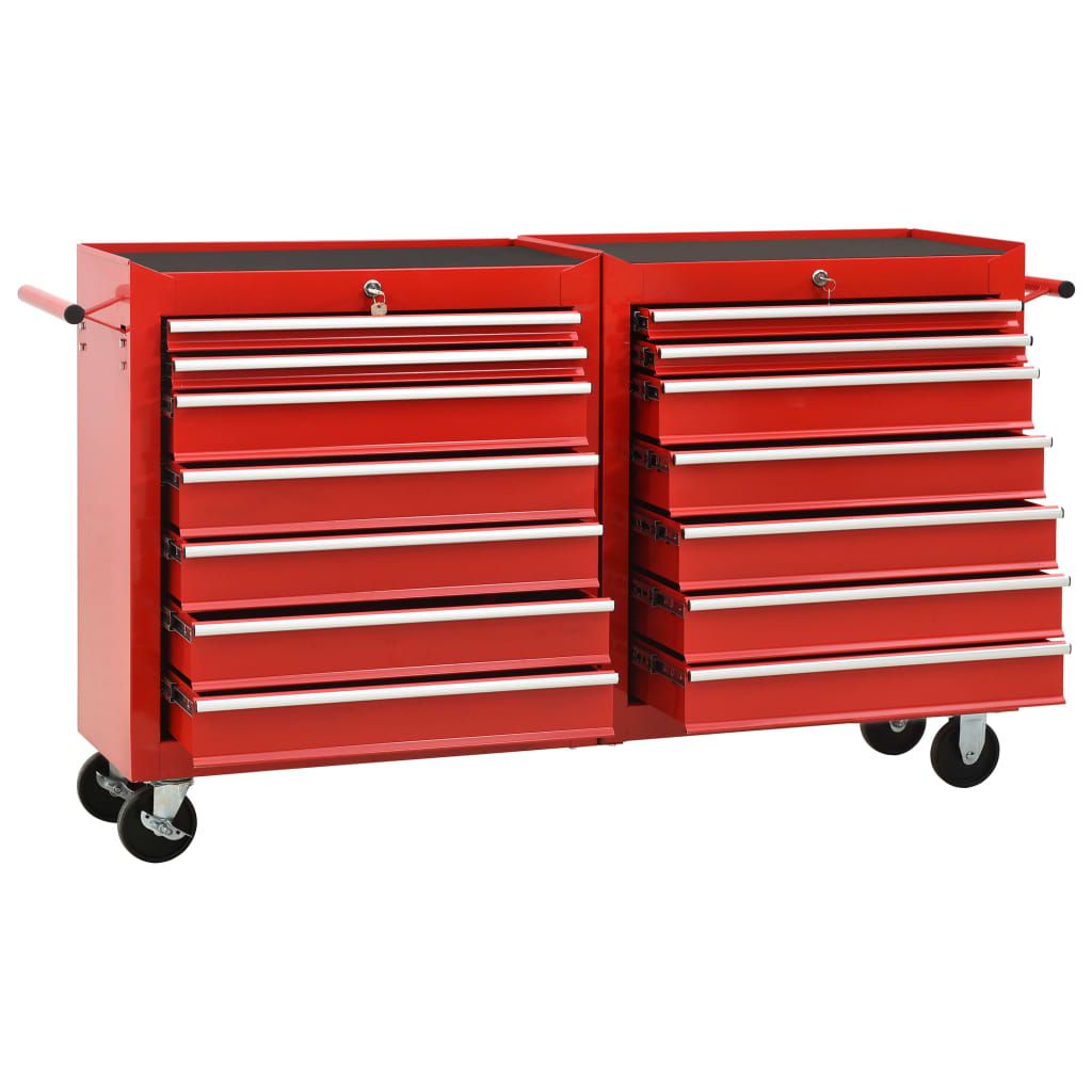 Wózek narzędziowy z 14 szufladami, stalowy, czerwony