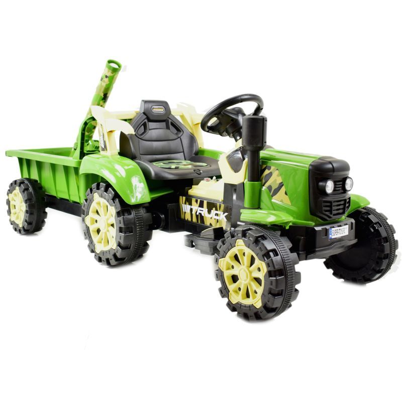 TRAKTOR NA AKUMULATOR ZIELONY Z PRZYCZEPĄ + MOŻDZIERZ, MIĘKKIE SIEDZENIE, PILOT/HSD6606