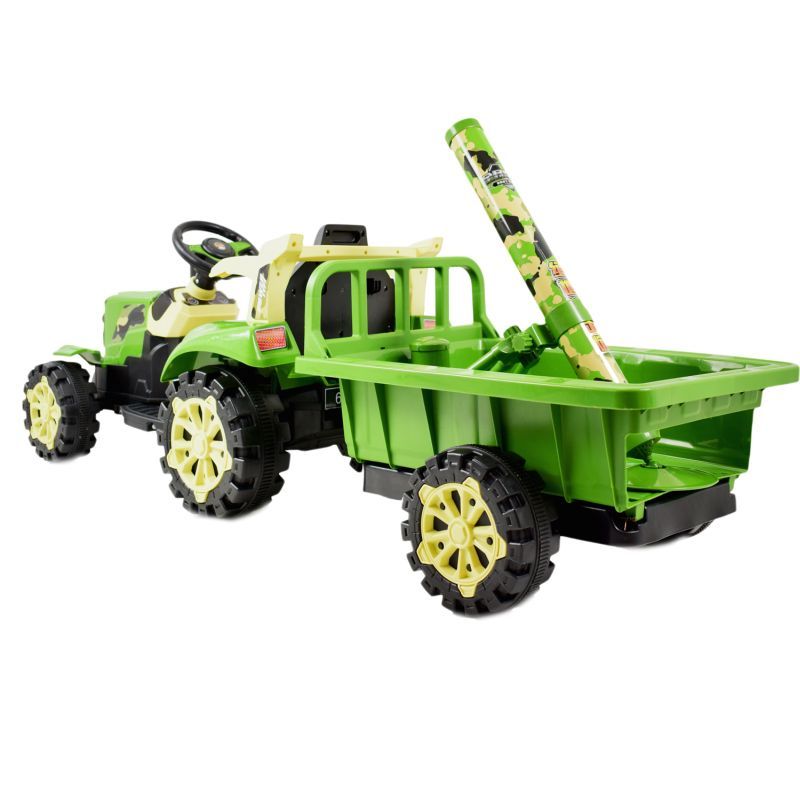 TRAKTOR NA AKUMULATOR ZIELONY Z PRZYCZEPĄ + MOŻDZIERZ, MIĘKKIE SIEDZENIE, PILOT/HSD6606