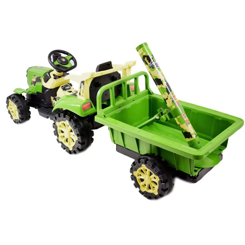 TRAKTOR NA AKUMULATOR ZIELONY Z PRZYCZEPĄ + MOŻDZIERZ, MIĘKKIE SIEDZENIE, PILOT/HSD6606