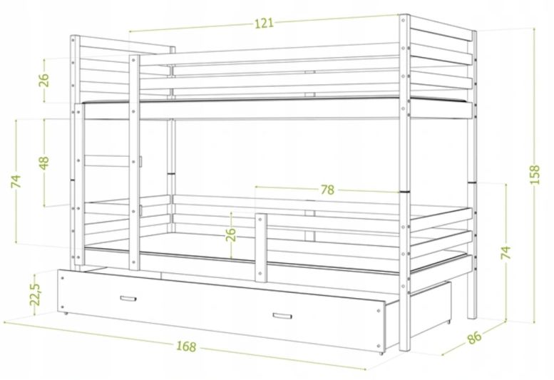 Łóżko piętrowe JACEK 160x80  szuflada + materace