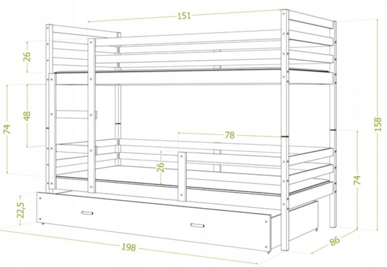 Łóżko piętrowe JACEK 3 190x80 szuflada + materace