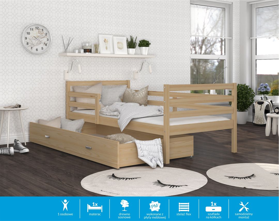 Łóżko JACEK P 160x80materac + szuflada - drewniane