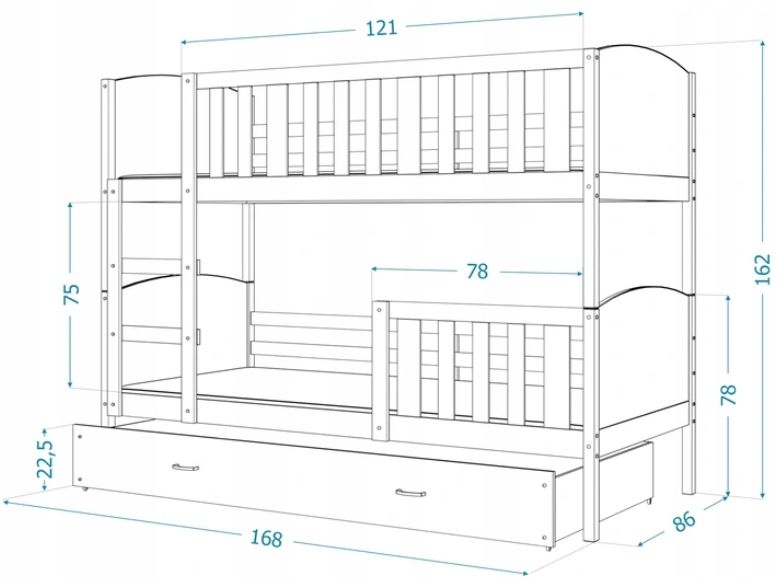 Łóżko piętrowe TAMI 160x80  szuflada + materace WZORY
