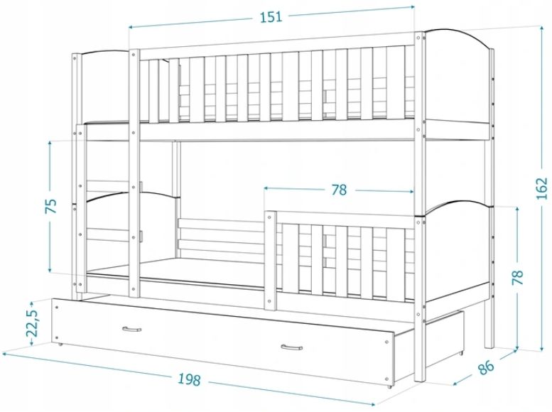 Łóżko piętrowe TAMI 190x80  szuflada + materace WZORY