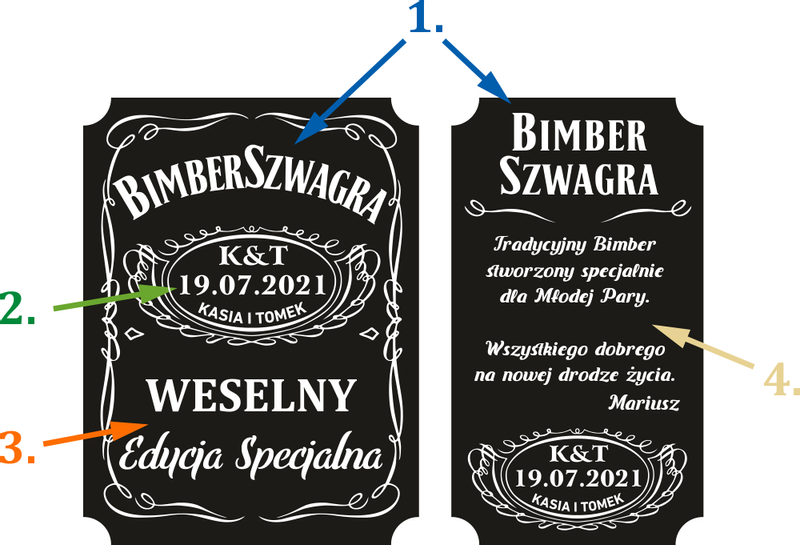 Arkusz etykiet ze spersonalizowaną treścią BIMBER na butelki wesele