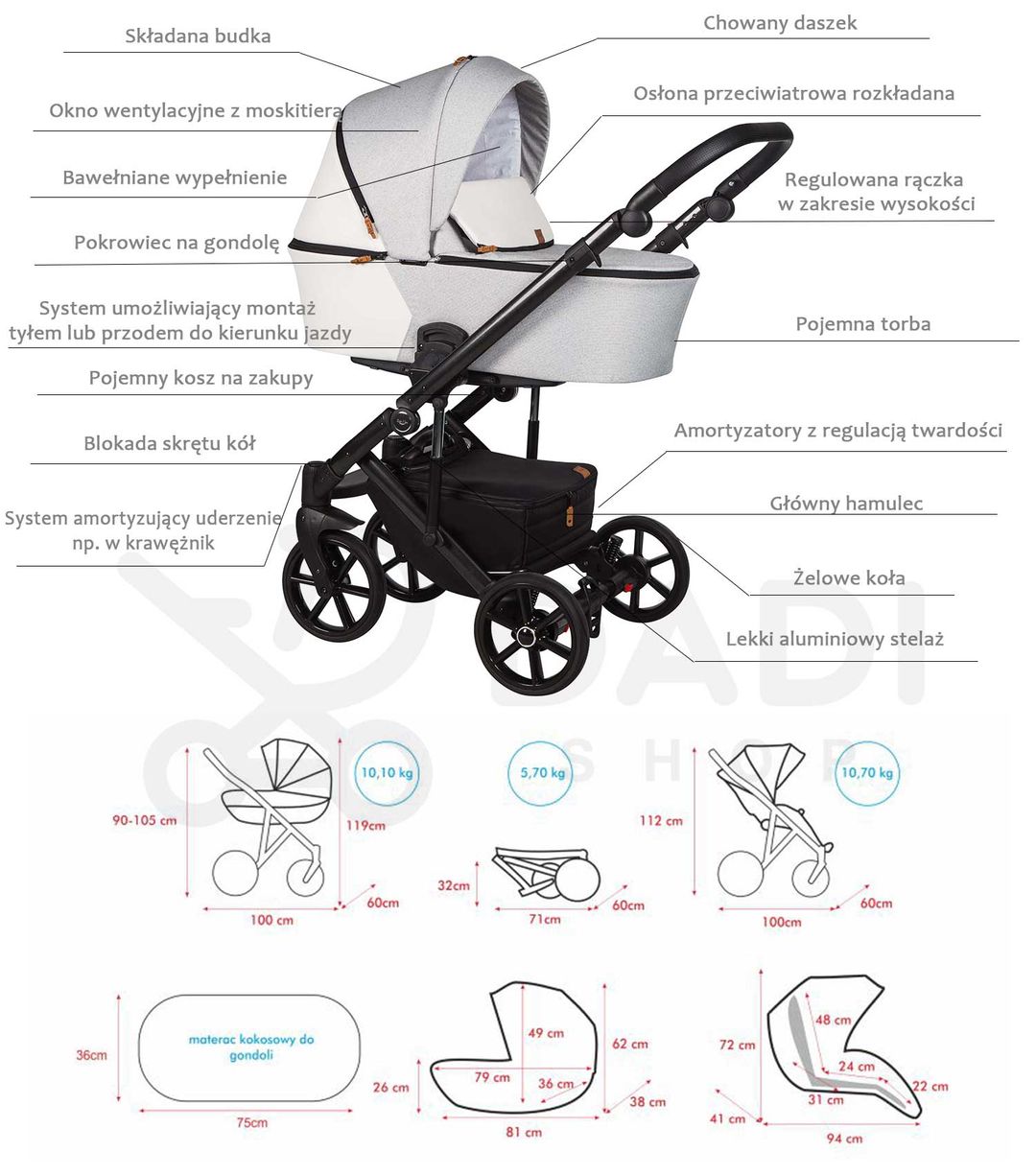 Wózek dziecięcy wielofunkcyjny Mosca Baby Merc 2w1 biały