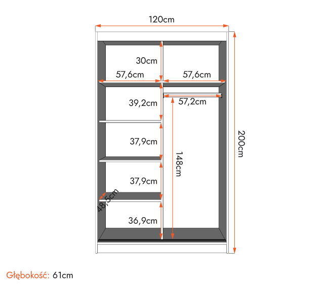 Szafa Przesuwna dwudrzwiowa NEOMI 01 z lustrem, półki 120 cm CS