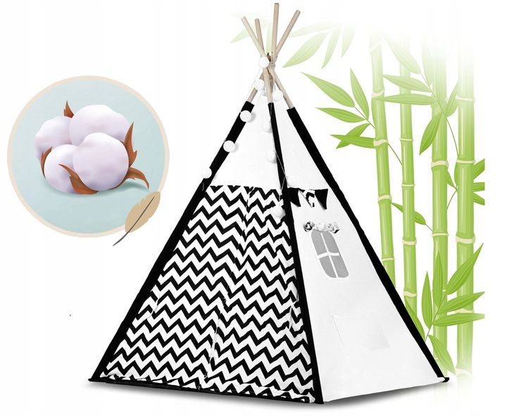 Namiot tipi dla dzieci z girlandą i światełkami - biało czarny z pandą