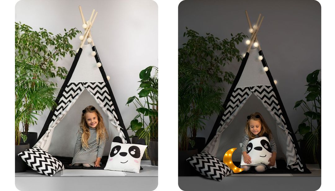 Namiot tipi dla dzieci z girlandą i światełkami - biało czarny z pandą