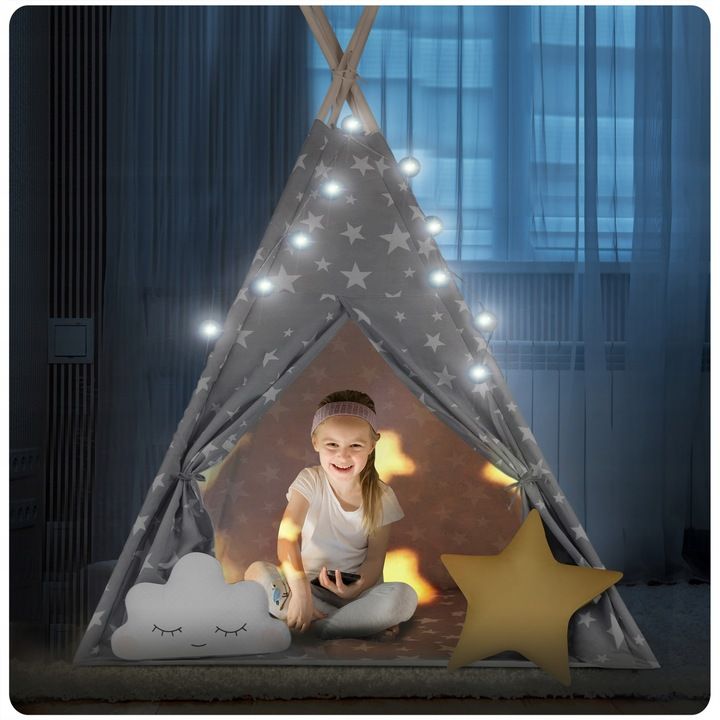 Namiot tipi dla dzieci ze światełkami Nukido - szary w gwiazdki