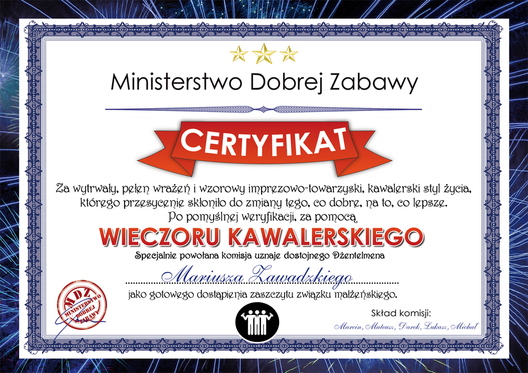 Prezent na Wieczór Kawalerski - Certyfikat, Dyplom na Kawalerskie A4