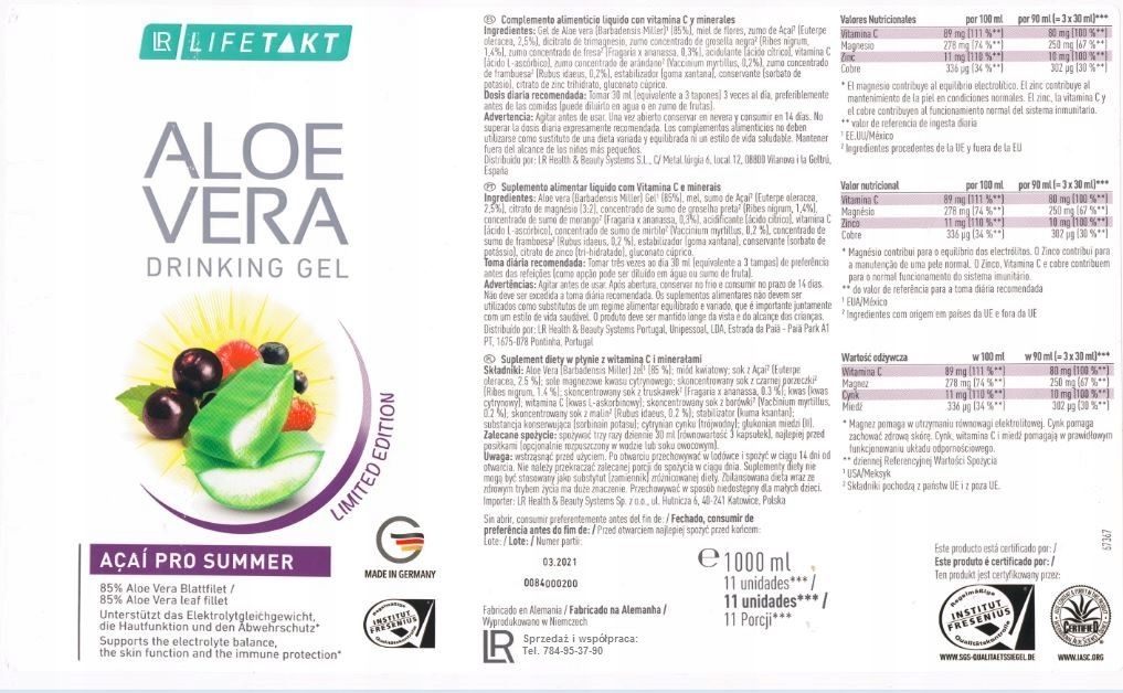Żel do picia z aloesem 85% i witaminą C LR ACAI