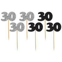 Pikery "30 Urodziny Classic", srebrno-czarne brokatowe, 6 szt