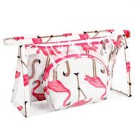 Zestaw 3 Kosmetyczek - Beż Różowe Flamingi Ks65Wz5