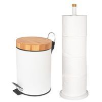 Zestaw łazienkowy - kosz i stojak na papier - biały bambus - Yoka