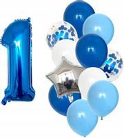 Balony urodzinowe 12szt niebieskie konfetti roczek  F159_1
