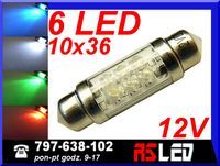 żarówka 6 LED rurkowa 10x36 mm c5w wnętrza 36 mm 12v KOLORY