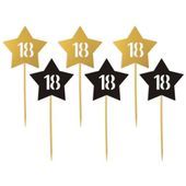 Pikery "18 Urodziny Stars", złoto-czarne, 6 szt