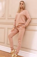 Ciemnobeżowy prosty komplet dresowy bluza z dekoltem serek  L/XL