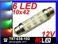 żarówka 6 LED rurkowa 10x42 mm c5w c10w wnętrza 42mm 12v KOLORY