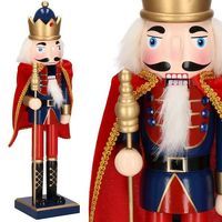 Dziadek do orzechów 38 cm z berłem, drewniany żołnierzyk niebiesko-czerwony, figurka świąteczna